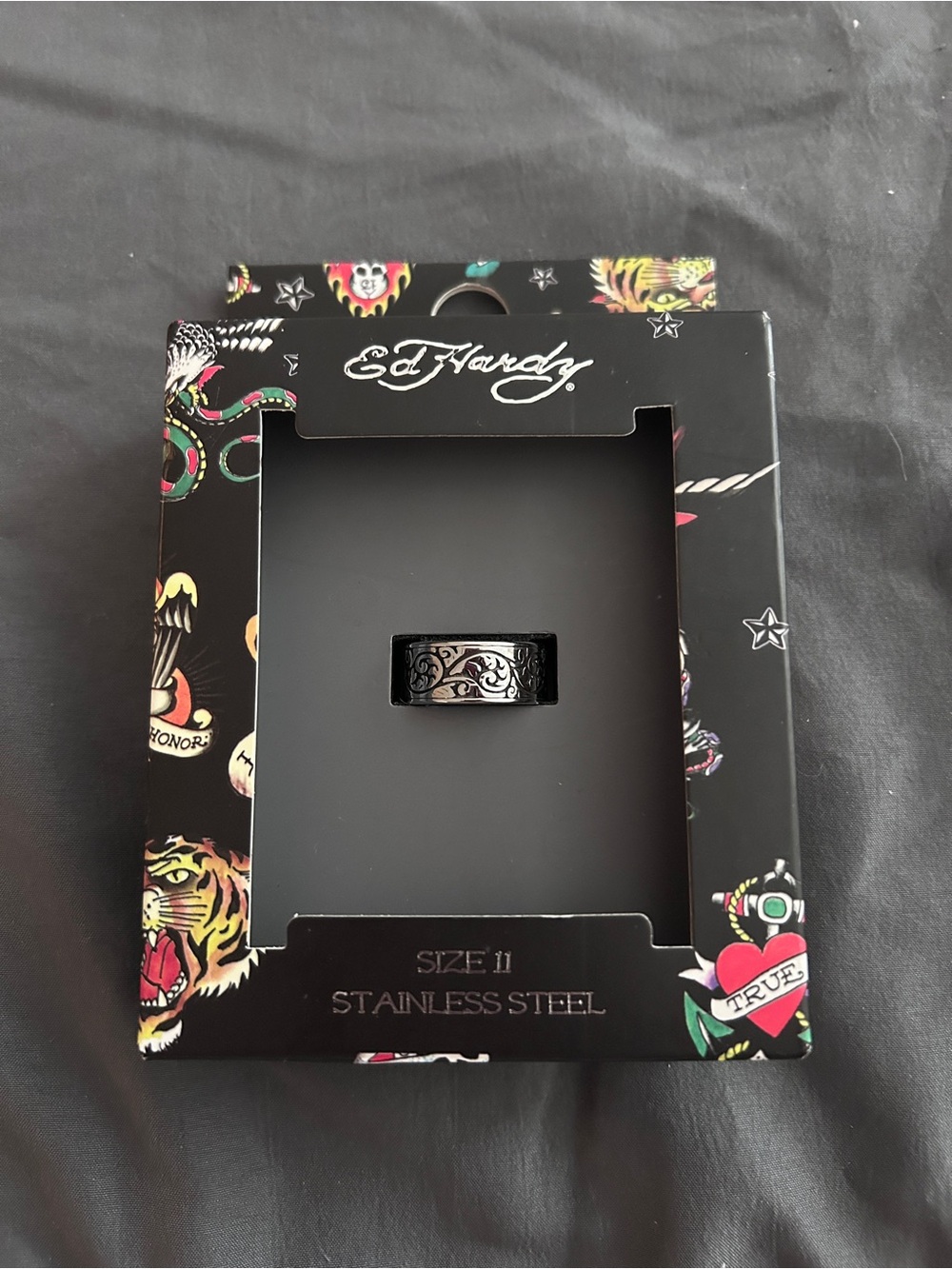 Ed Hardy Black Stainless Steel Tattoo-Engraved Men's Ring